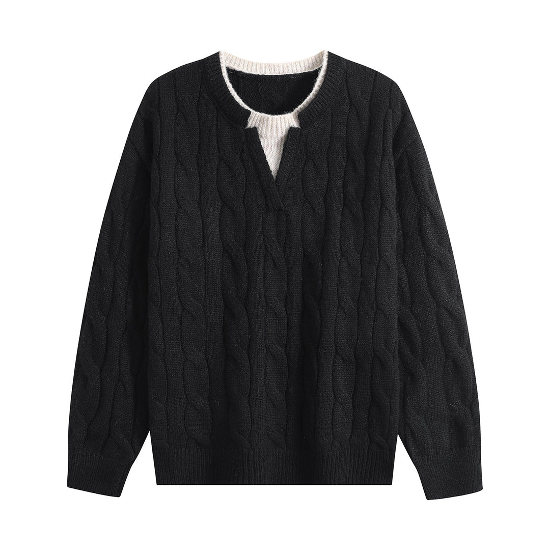 Damen Oversize Zopfmuster-Pullover mit V‑Schlitzkragen Echoarchiv
