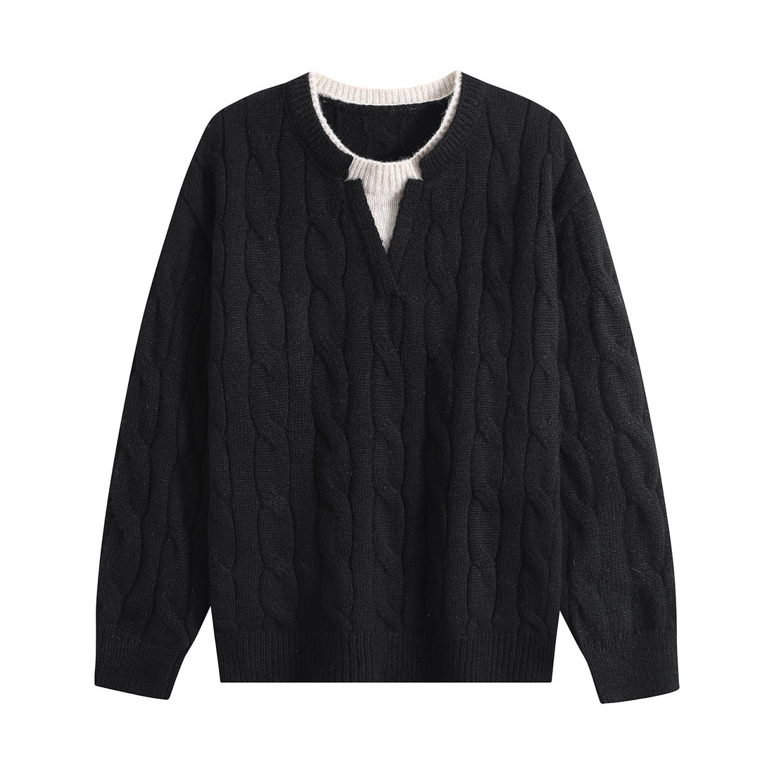 Damen Oversize Zopfmuster-Pullover mit V‑Schlitzkragen Echoarchiv