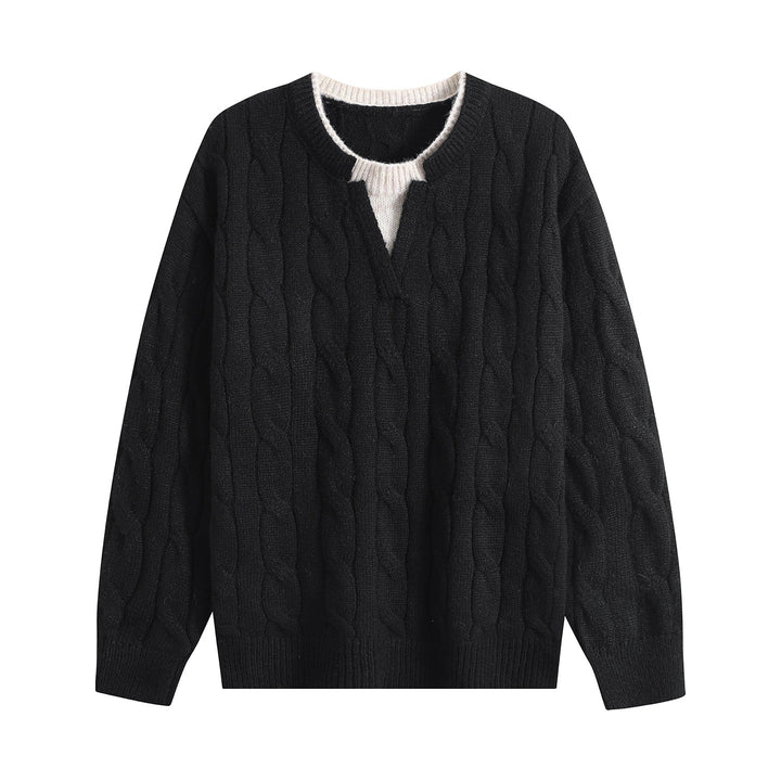 Damen Oversize Zopfmuster-Pullover mit V‑Schlitzkragen Echoarchiv