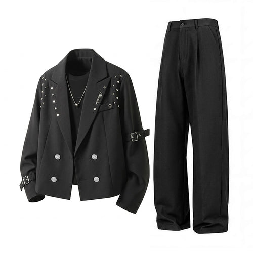 Herren Kurzblazer-Jacke im Rockigen Biker‑Look mit Nietenbesatz, Doppelreiher & Ärmel-Schnallen Echoarchiv