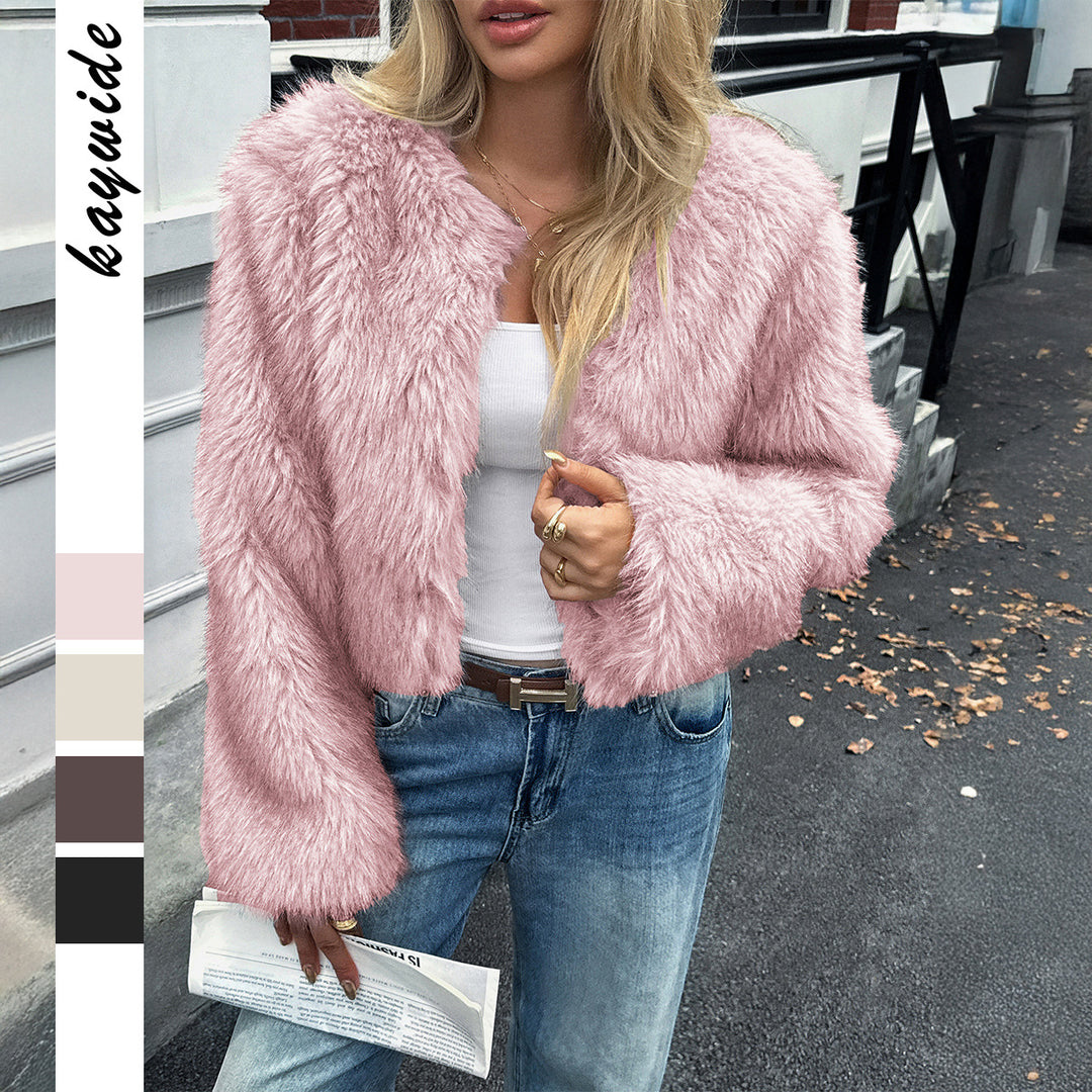 Damen kurzes Faux‑Fur Jacke mit voluminösen Ärmeln, offenem Schnitt und kuscheliger Innenfutter – Avérine