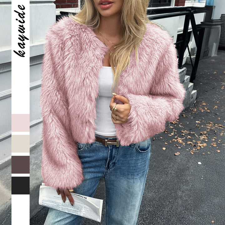Damen kurzes Faux‑Fur Jacke mit voluminösen Ärmeln, offenem Schnitt und kuscheliger Innenfutter – Avérine