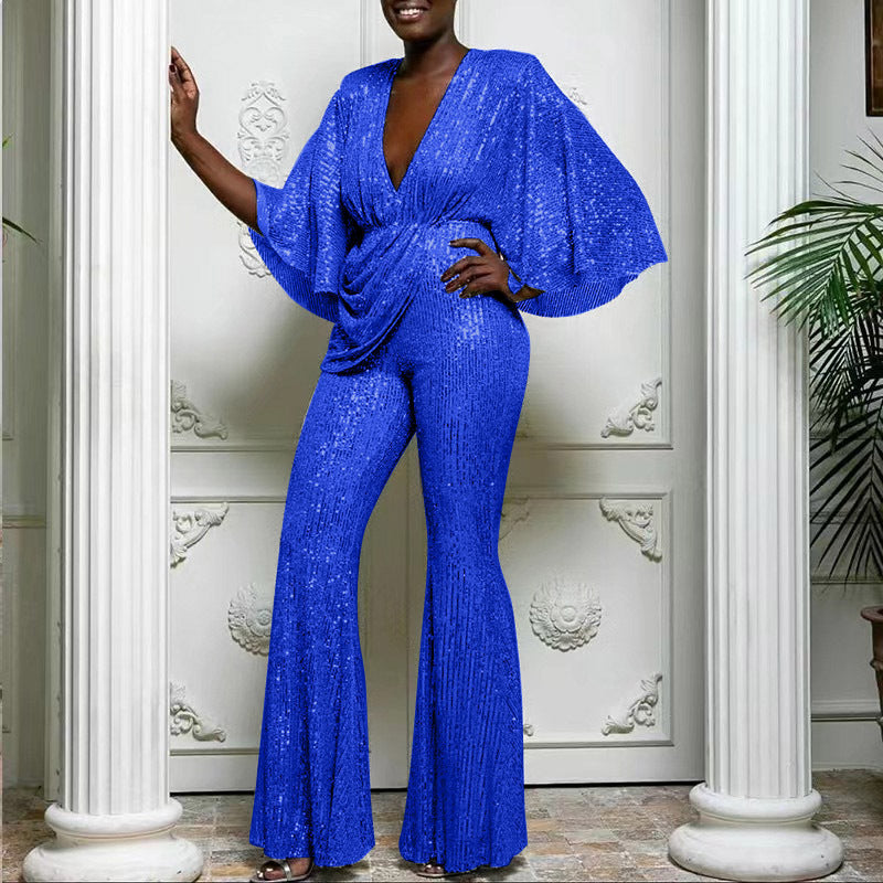 Damen Glamouröser Jumpsuit mit funkelnden Pailletten und weitem Bein Echoarchiv