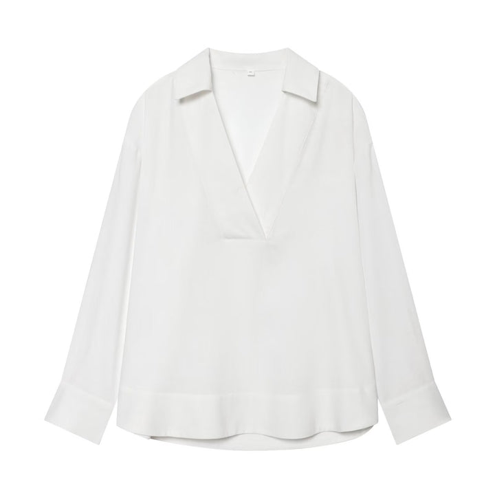 Damen Locker sitzende V‑Tunika‑Bluse mit Kentkragen und breiten Manschetten Echo Archiv