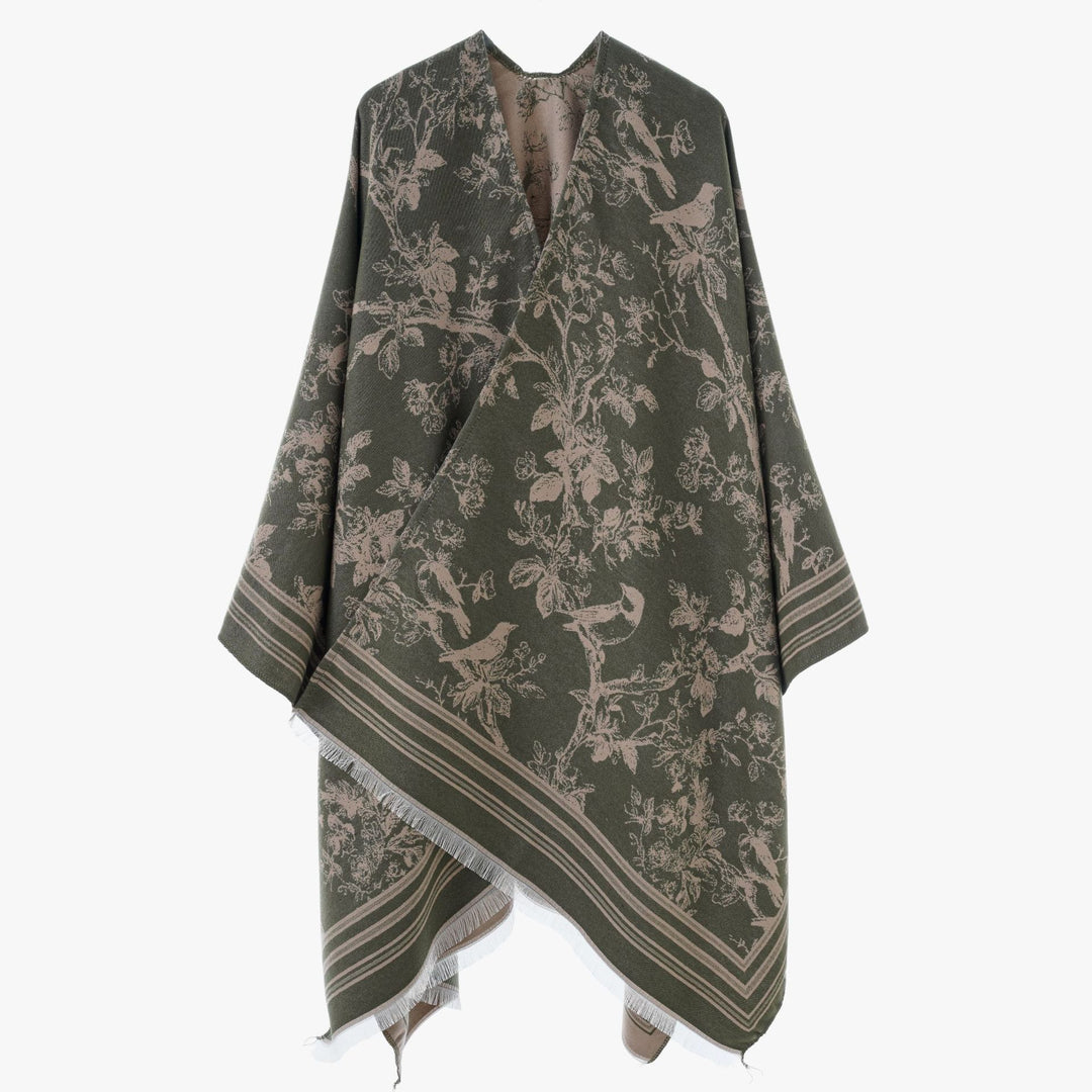Damen Jacquard‑Poncho im Kimono‑Stil mit Vogel‑Blütenmuster – Avérine