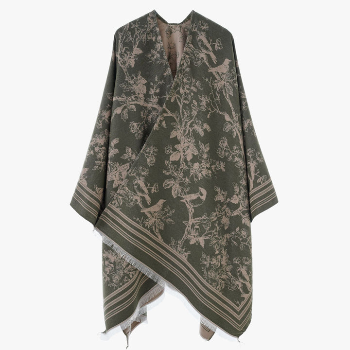 Damen Jacquard‑Poncho im Kimono‑Stil mit Vogel‑Blütenmuster – Avérine