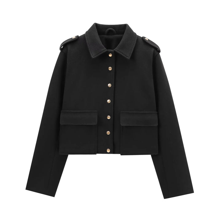 Damen kurz geschnittene Boxy-Jacke aus Wollmix mit Schulterklappen, aufgesetzten Pattentaschen und goldfarbenen Zierknöpfen – Célinea