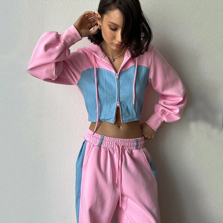 Damen nan zweiteiliges Cropped-Hoodie-Set mit Reißverschluss, elastischem Komfortbund und weitem Seitenstreifen-Hose Echo Archiv