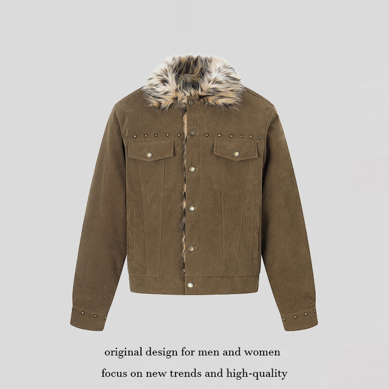 Herren Veloursleder-Truckerjacke mit Kunstfellkragen, Nietenbesatz und Druckknopfverschluss Echoarchiv