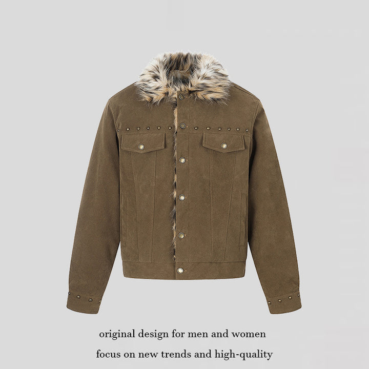 Herren Veloursleder-Truckerjacke mit Kunstfellkragen, Nietenbesatz und Druckknopfverschluss Echoarchiv
