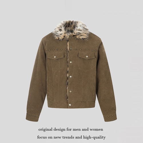 Herren Veloursleder-Truckerjacke mit Kunstfellkragen, Nietenbesatz und Druckknopfverschluss Echoarchiv
