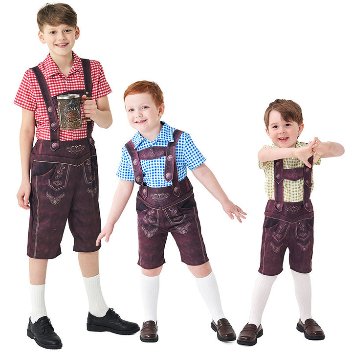 Damen nan traditionelle Trachtenlederhose mit verstellbaren Trägern und kariertem Blusen-Set Echo Archiv