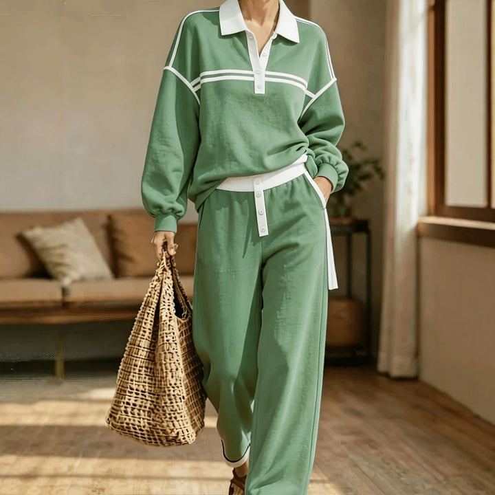 Damen Lounge-Set aus weichem Jersey mit Polokragen, Kontraststreifen und weiter Jogpant – Élanora