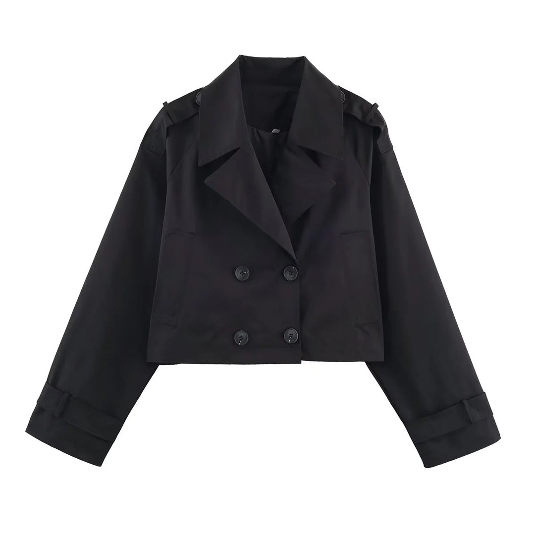 Damen cropped Trenchjacke mit doppelreihiger Knopfleiste, Schulterklappen und verstellbaren Manschetten – Célinea