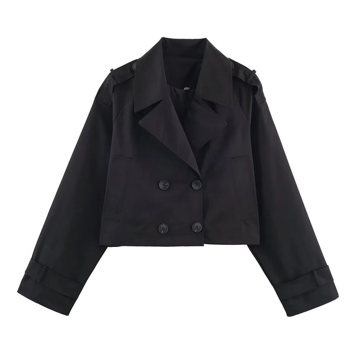 Damen cropped Trenchjacke mit doppelreihiger Knopfleiste, Schulterklappen und verstellbaren Manschetten – Célinea