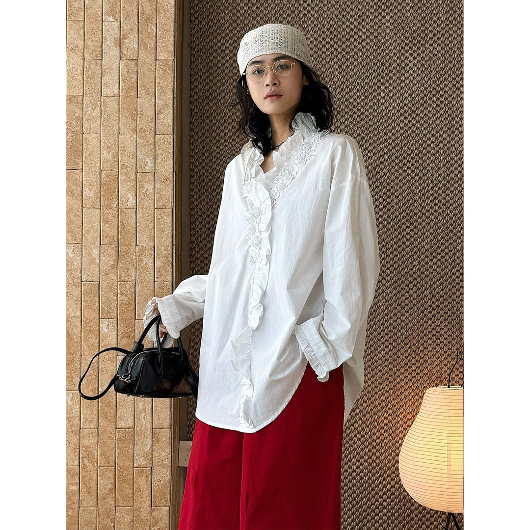 Damen Oversize-Bluse mit Rüschenleiste und Spitzenbesatz Echoarchiv