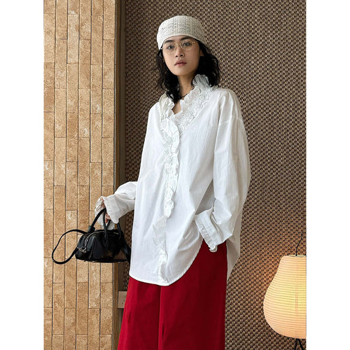 Damen Oversize-Bluse mit Rüschenleiste und Spitzenbesatz Echoarchiv