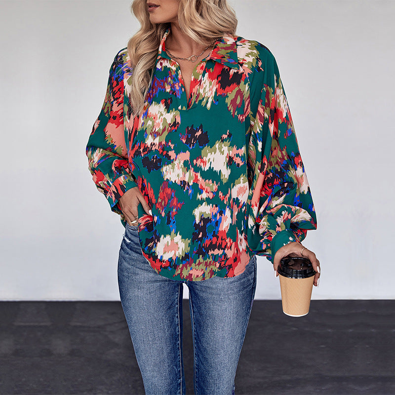 Damen Weites Blusenshirt mit Hemdkragen, abstraktem Print und Ballonärmeln Echoarchiv
