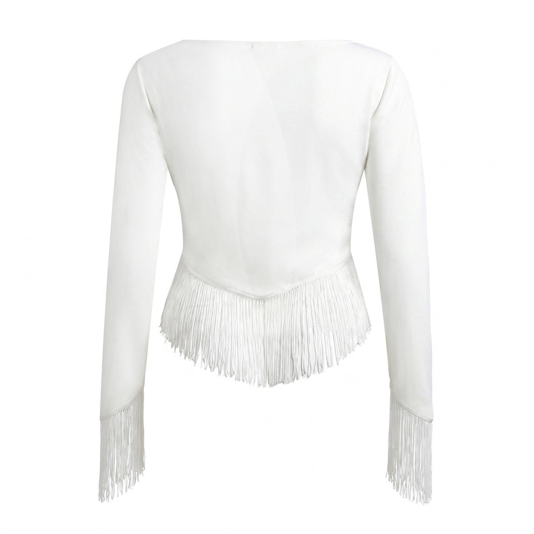 Damen Cropped V‑Neck Oberteil mit langen Ärmeln und dekorativem Fransenbesatz Echo Archiv