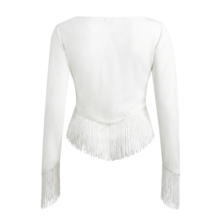 Damen Cropped V‑Neck Oberteil mit langen Ärmeln und dekorativem Fransenbesatz Echo Archiv