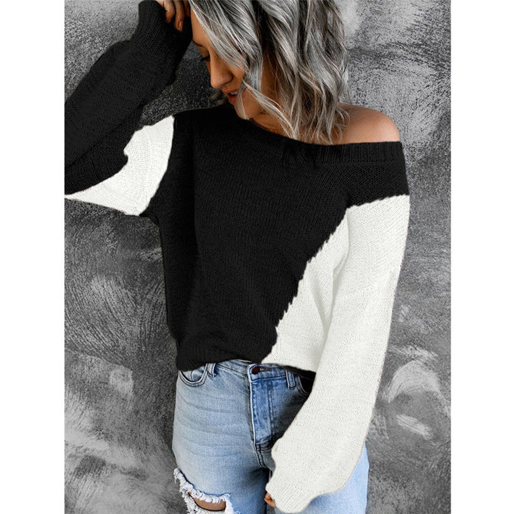 Damen Oversize Strickpullover mit Carmenausschnitt und Colorblock-Design Echoarchiv