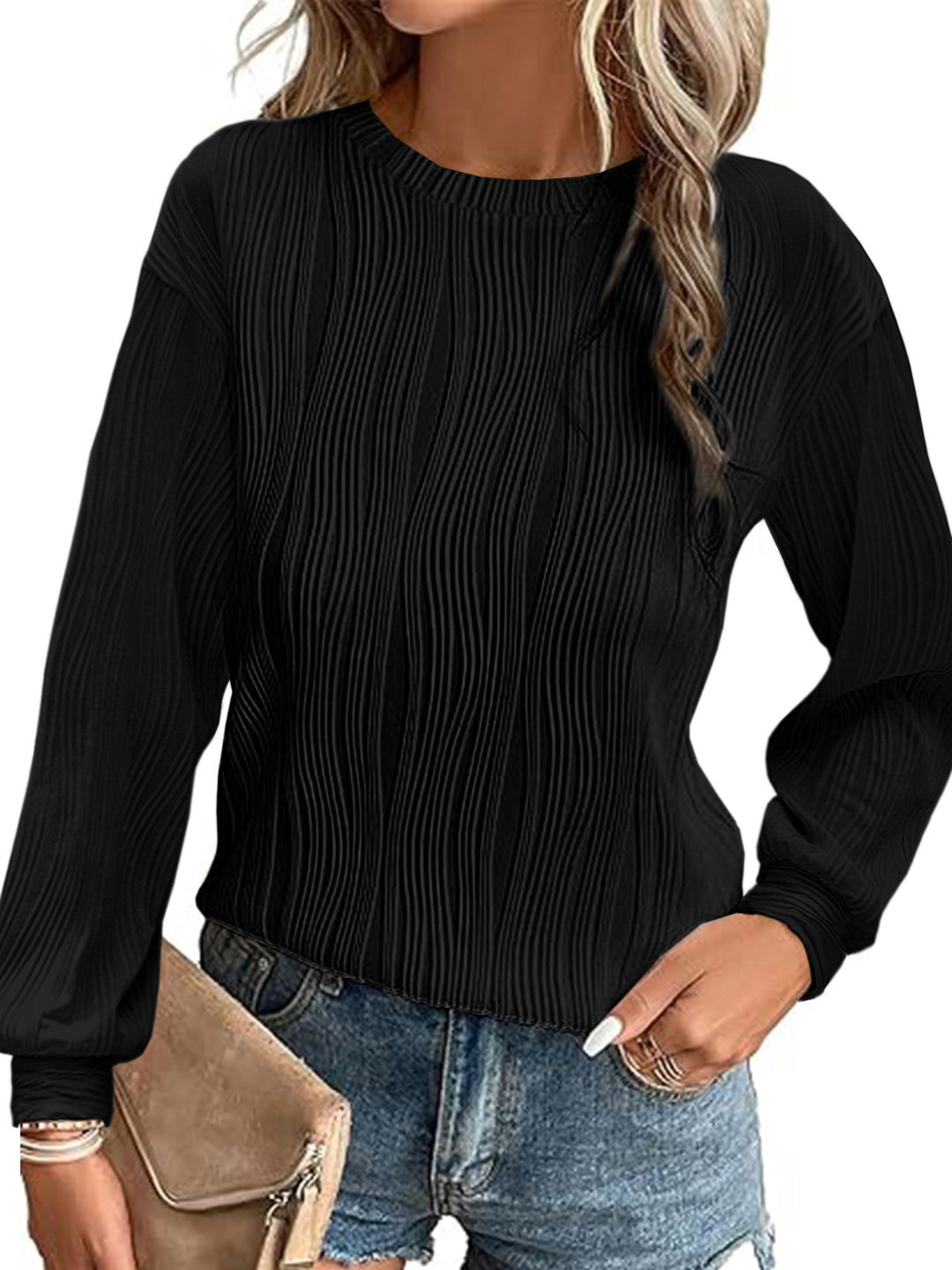 Damen Fein plissiertes Langarmshirt mit Rundhalsausschnitt und strukturierter Wellenoptik – Élovi