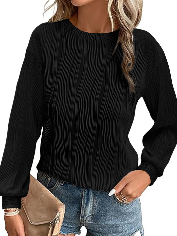 Damen Fein plissiertes Langarmshirt mit Rundhalsausschnitt und strukturierter Wellenoptik – Élovi