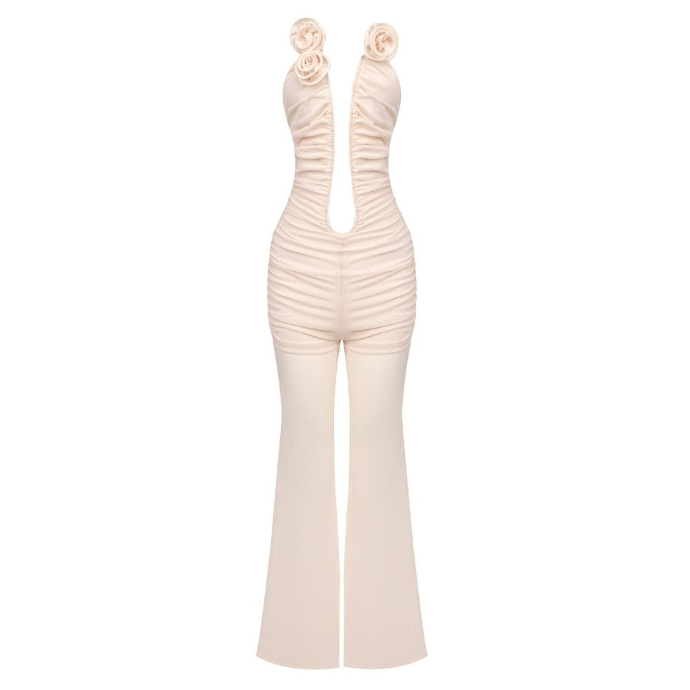 Damen Jumpsuit mit tiefem Ausschnitt und floralen Akzenten Echo Archiv
