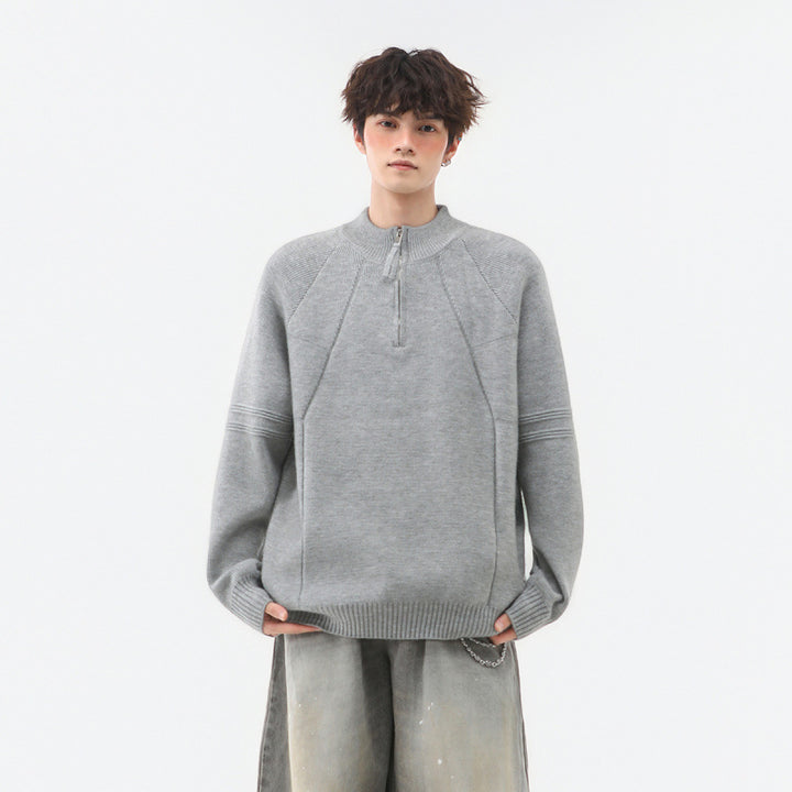 Herren Strick-Halbzip-Pullover mit Stehkragen und strukturierten Rippdetails Echoarchiv