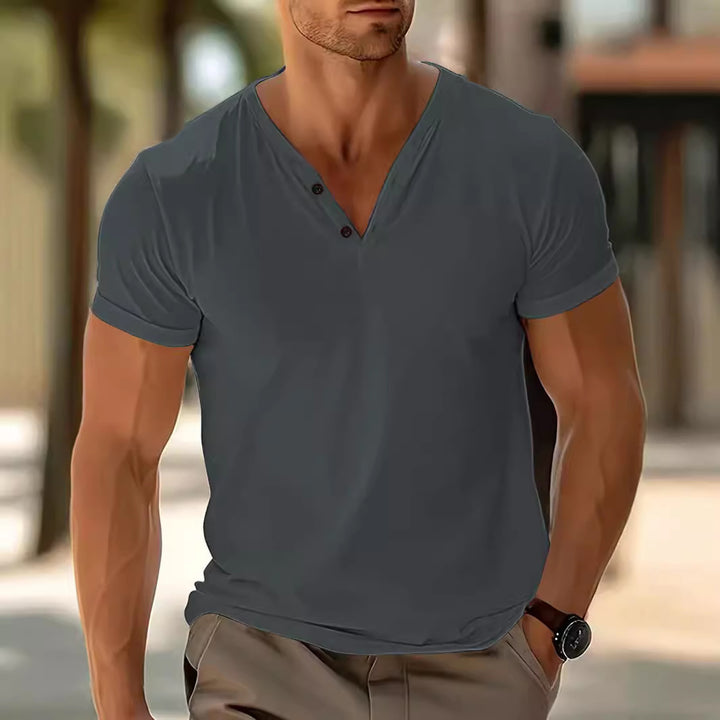 Herren nan kurzärmeliges Henleyshirt mit V-Ausschnitt und Zweiknopfleiste aus Baumwollmix Echo Archiv