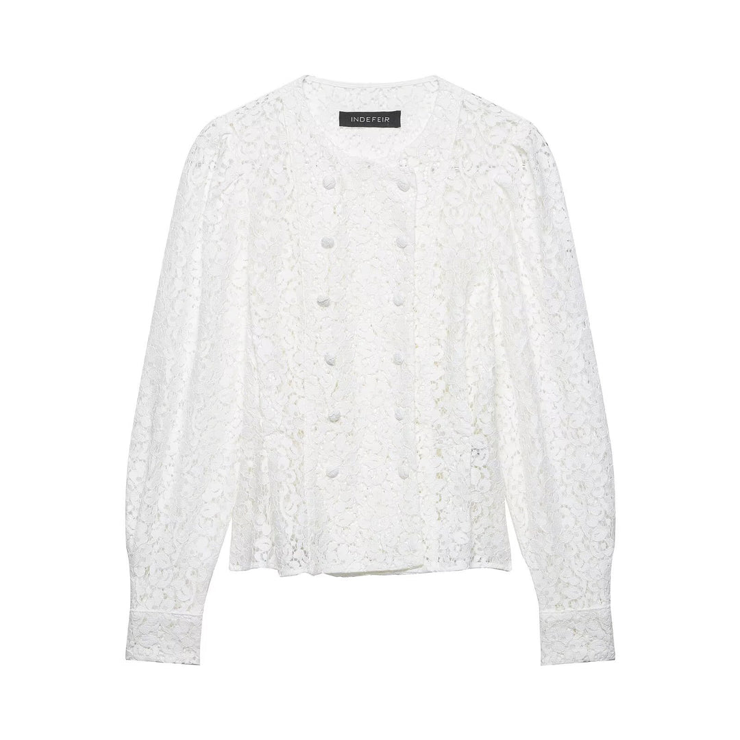Damen Spitzenbluse im Jackenlook mit floralem Spitzenmuster und Zierknopfleiste Echo Archiv