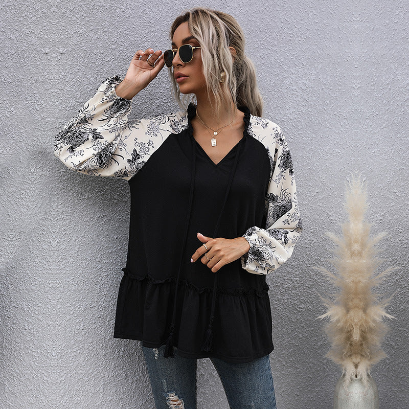 Damen Lässige V‑Ausschnitt Tunika‑Bluse mit Volantsaum, Blumenraglanärmeln und Kordelzug Echoarchiv