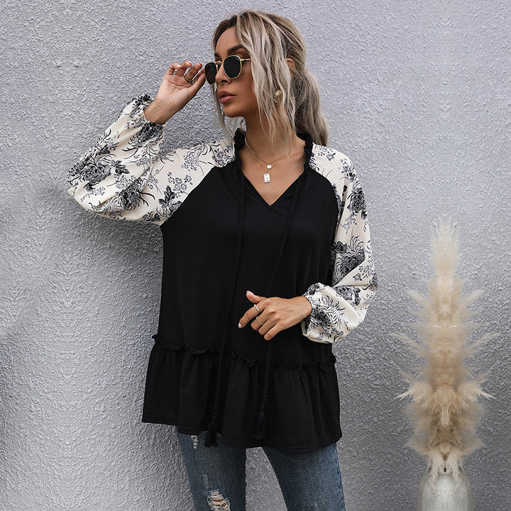Damen Lässige V‑Ausschnitt Tunika‑Bluse mit Volantsaum, Blumenraglanärmeln und Kordelzug Echoarchiv