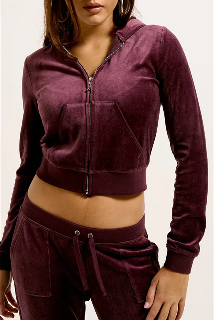 Damen Samtvelours Cropped-Zipjacke mit Kängurutasche und hochgeschnittener Bündchenhose – Auréline
