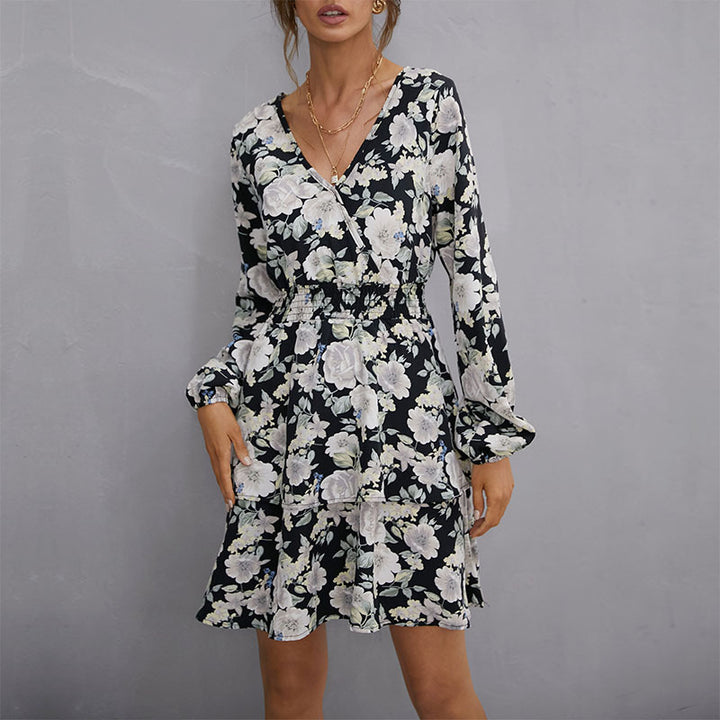 Damen Florales Minikleid mit Wickeloberteil, Smok-Taillenband und Stufenrock Echoarchiv