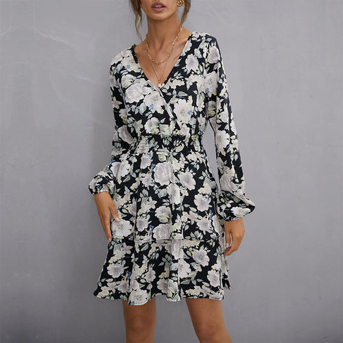 Damen Florales Minikleid mit Wickeloberteil, Smok-Taillenband und Stufenrock Echoarchiv