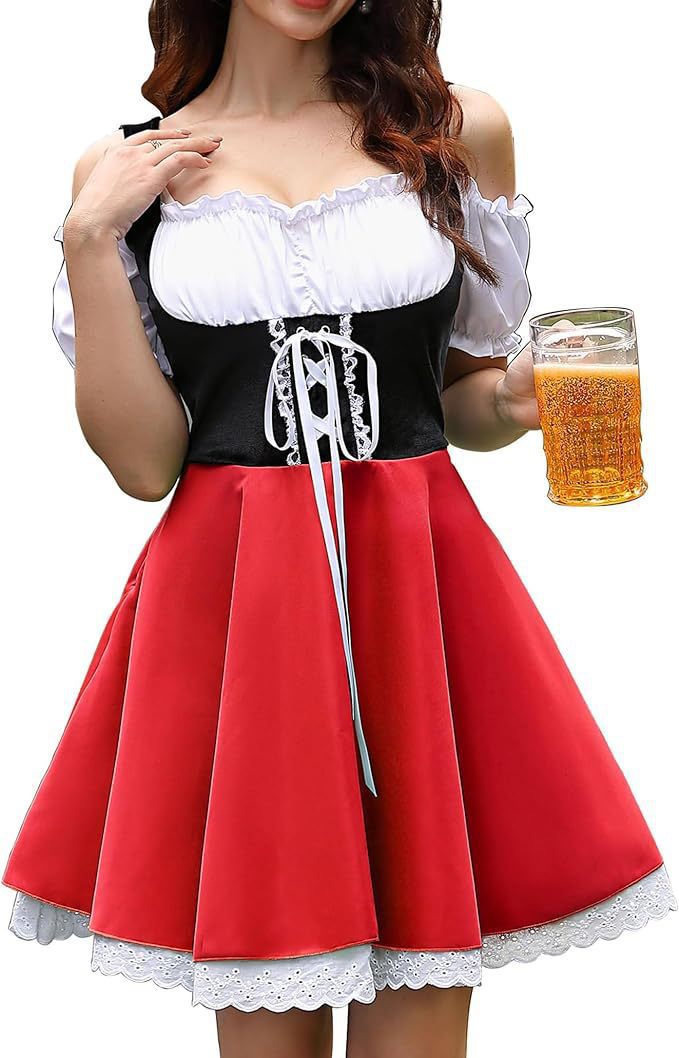 Damen nan schulterfreies Dirndlkleid mit geschnürter Korsage, Puffärmeln und Spitzenunterrock Echo Archiv