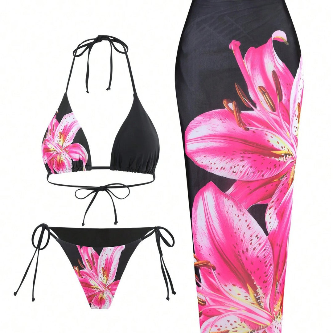 Damen Bikini-Set mit floralem Muster und passendem Wickelrock Echo Archiv