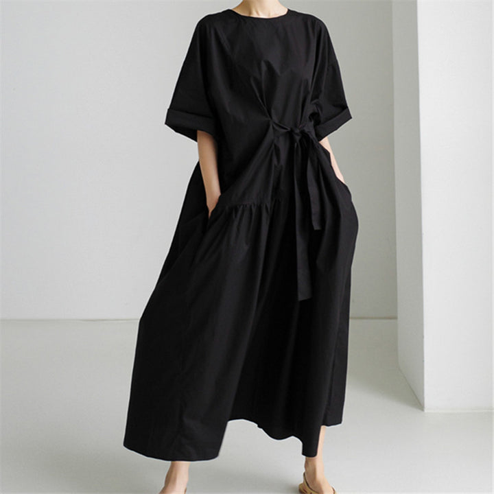 Damen Langes Baumwoll-Maxikleid mit Wickelgürtel und Eingrifftaschen Echoarchiv
