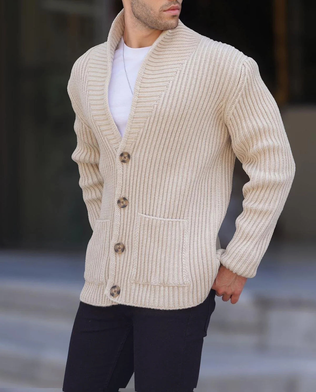 Herren Grob gestrickte Cardigan mit breitem Rippenmuster und praktischen Taschen Echoarchiv
