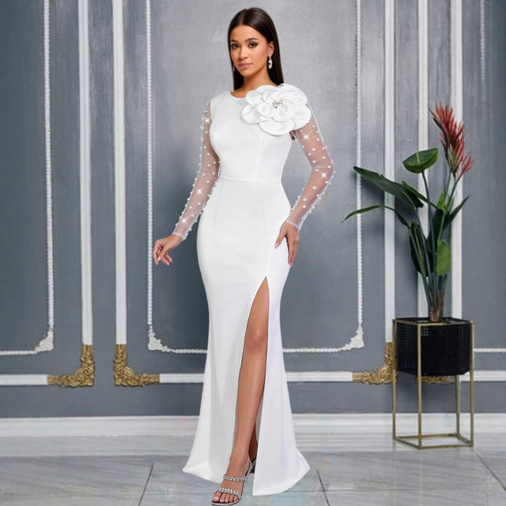 Damen Glamouröses Abendkleid mit taillierter Silhouette und transparenten Puffärmeln Echo Archiv