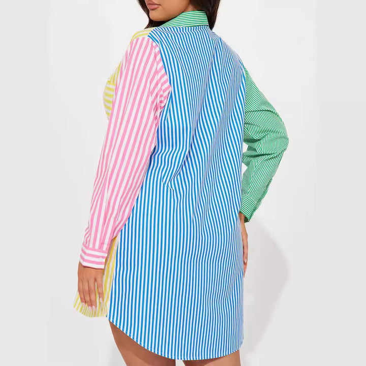 Damen Oversize Hemdblusenkleid mit mehrfarbigem Streifenblock – Avérine