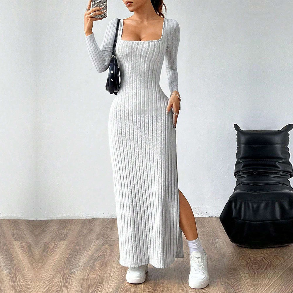 Damen figurbetontes geripptes Maxikleid mit quadratischem Ausschnitt und seitlichem Beinschlitz – Valéora