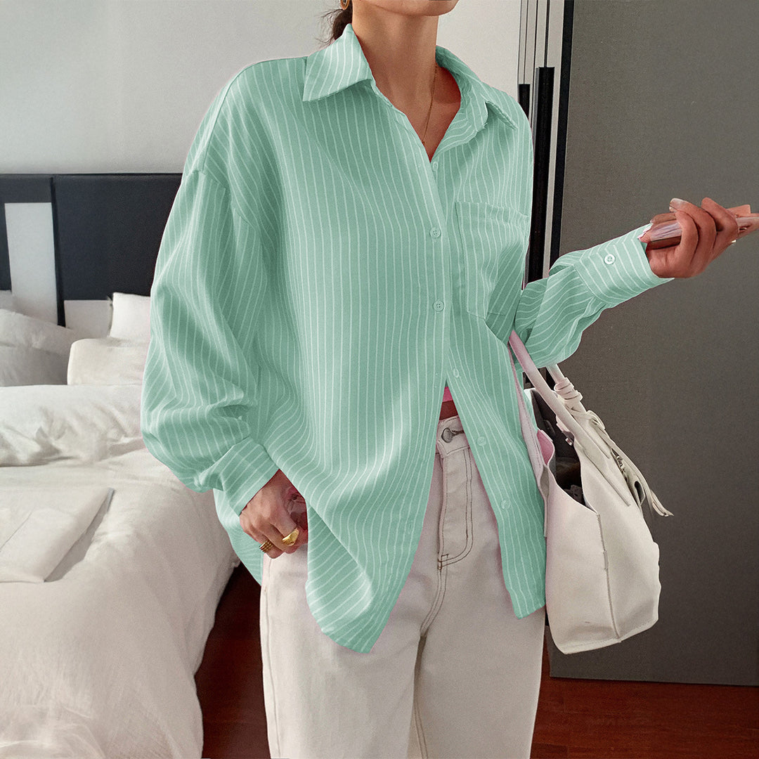 Damen nan locker geschnittene Longbluse mit Kentkragen, Brusttasche und feinem Nadelstreifen Echo Archiv