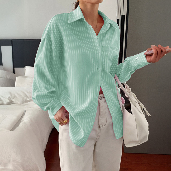 Damen nan locker geschnittene Longbluse mit Kentkragen, Brusttasche und feinem Nadelstreifen Echo Archiv