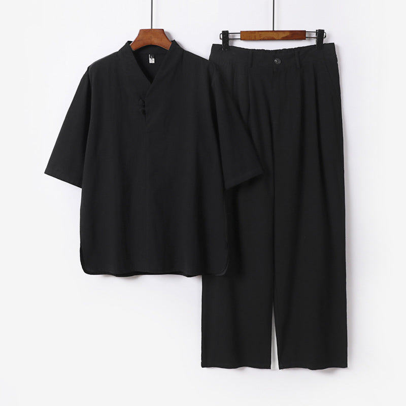 Herren Zweiteiliges Leichtes Kimono-Loungewear-Set mit Stehkragen Knotenverschluss Kurzarm und weiter Bundhose Echoarchiv