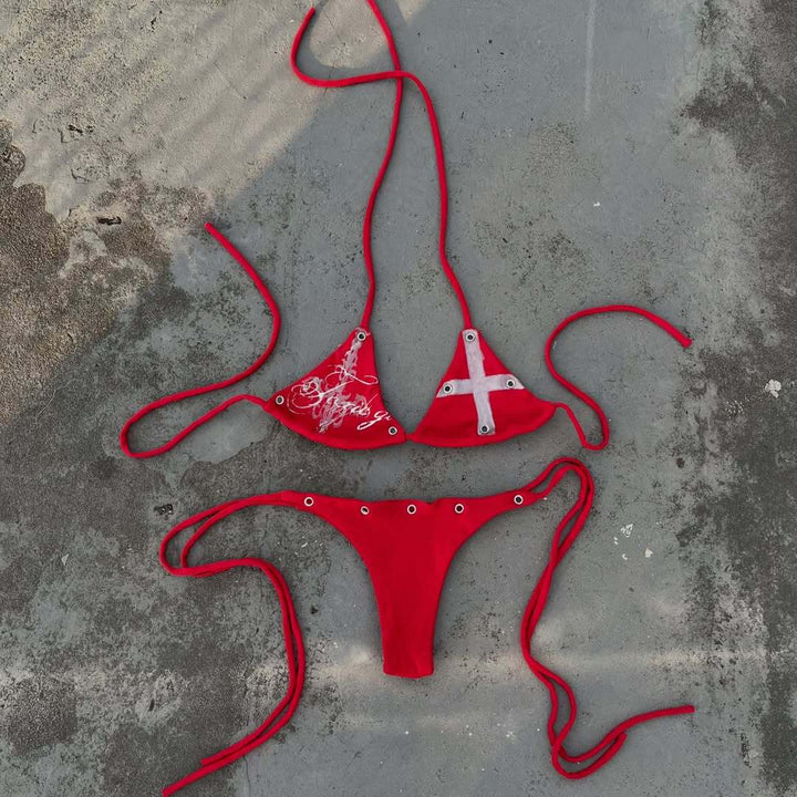 Damen Bunt bedruckter Bikini mit verstellbaren Schnürungen und dekorativen Ösen Echo Archiv