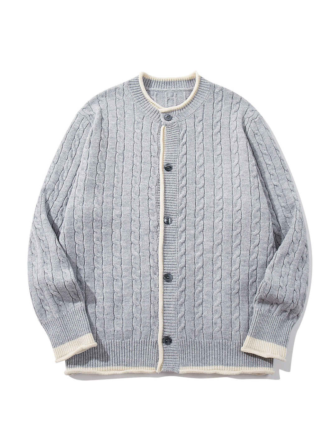 Unisex Kabelstrick-Cardigan mit Rundhals, kontrastierten Bündchen und durchgehender Knopfleiste Echoarchiv