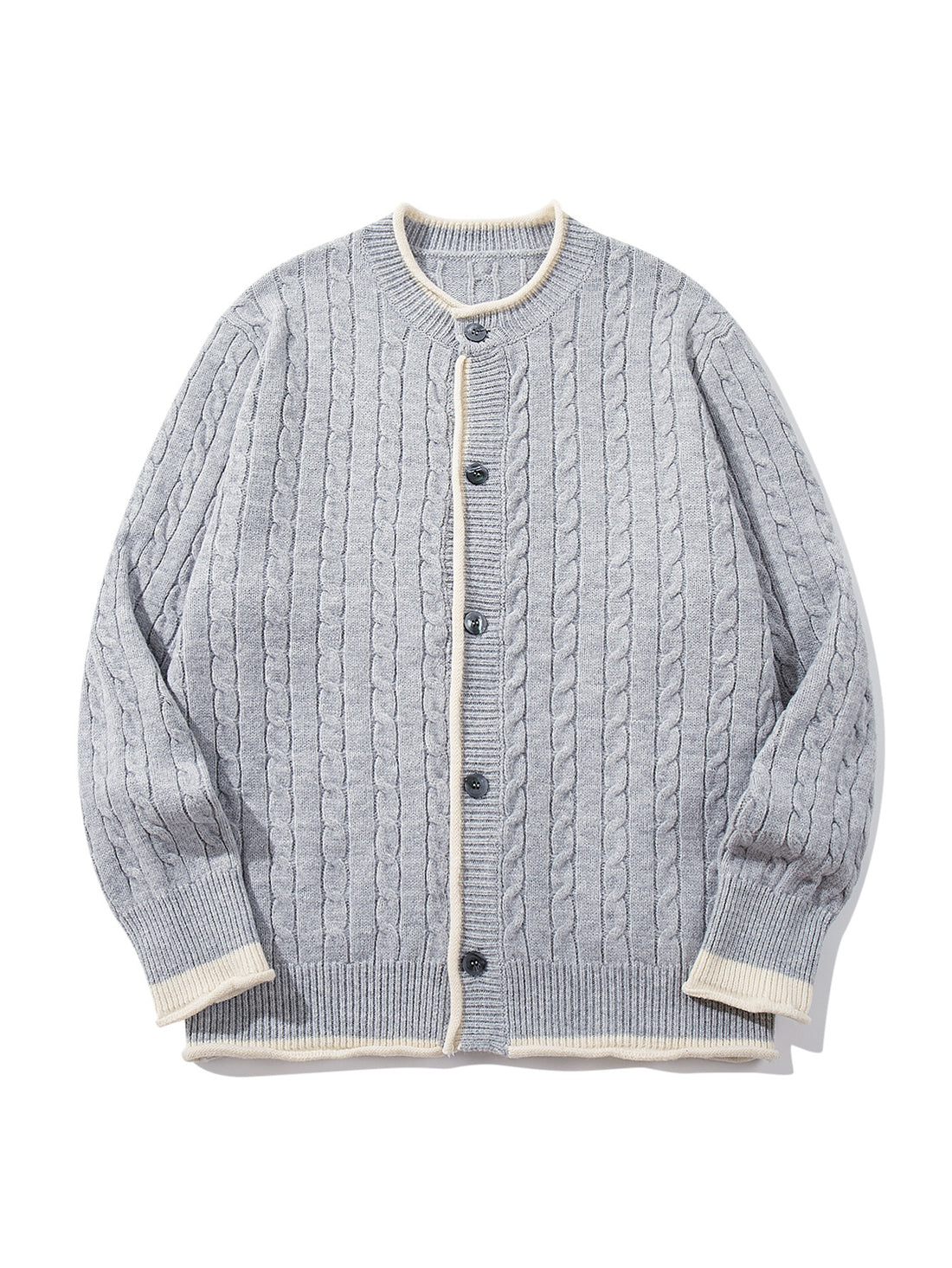 Unisex Kabelstrick-Cardigan mit Rundhals, kontrastierten Bündchen und durchgehender Knopfleiste Echoarchiv