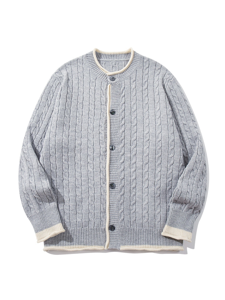 Unisex Kabelstrick-Cardigan mit Rundhals, kontrastierten Bündchen und durchgehender Knopfleiste Echoarchiv